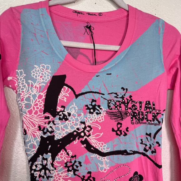 Christian Audigier Crystal Rock Y2K Shirt Womens XS Tokyo Sun Cherry Blossom Tee - Picture 6 of 12